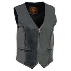 Milwaukee Leather SH1246Z Women's Black Leather Classic Braided Motorcycle Rider Vest w/ Zipper Closure
