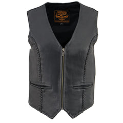 Milwaukee Leather SH1246Z Women's Black Leather Classic Braided Motorcycle Rider Vest w/ Zipper Closure