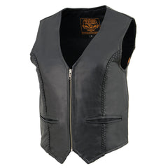 Milwaukee Leather SH1246Z Women's Black Leather Classic Braided Motorcycle Rider Vest w/ Zipper Closure