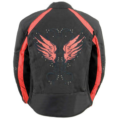 Milwaukee Leather SH1954 Women's Black and Red Textile Jacket with Stud and Wings Detailing