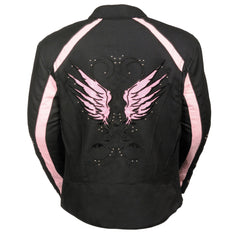 Milwaukee Leather SH1954 Women's Black and Pink Textile Jacket with Stud and Wings Detailing