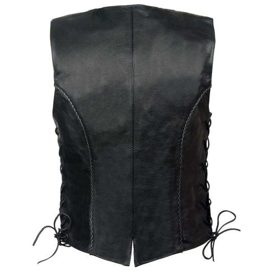 Milwaukee Leather SH2045 Women's Black Thin Braid Leather Side Lace Motorcycle Rider Vest- w/ Snap Closure