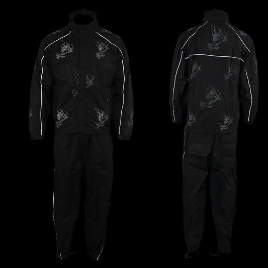 NexGen SH2334 Men’s Black Water Proof Rain Suit with Reflective Flame Skull Design