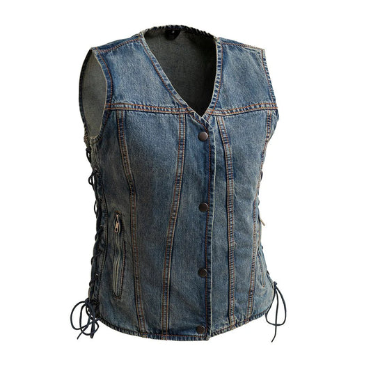 FIL519DM-Tiff Women's Motorcycle Denim Vest