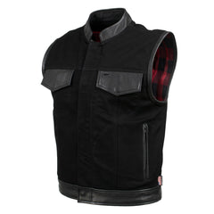 Milwaukee Leather USA MADE MLVSM5101 Men's Black 'Burn Out' Denim and Leather Motorcycle Vest with Plaid Red Lining